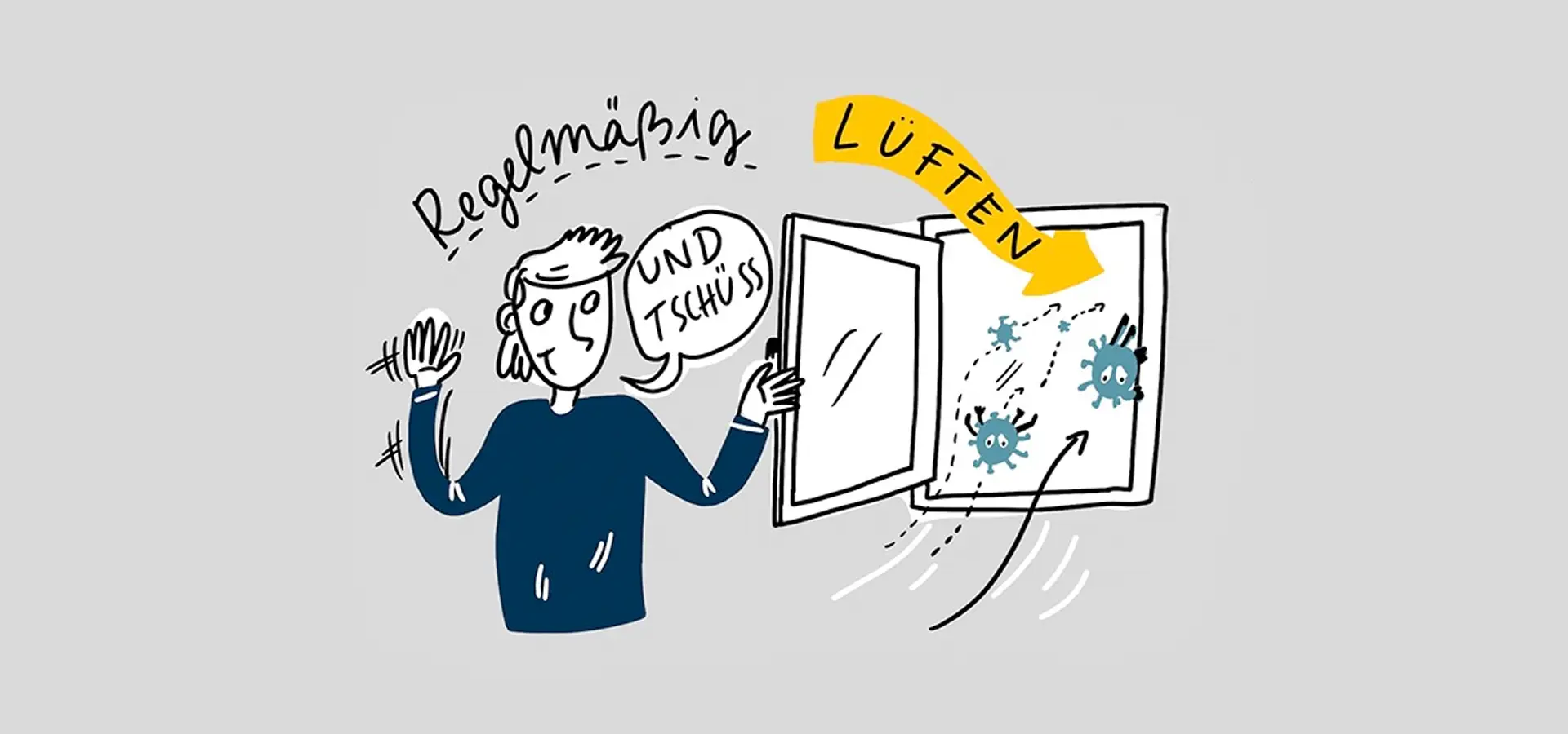 Illustration einer Person, die ein Fenster öﬀnet, um den Raum zu lüften.