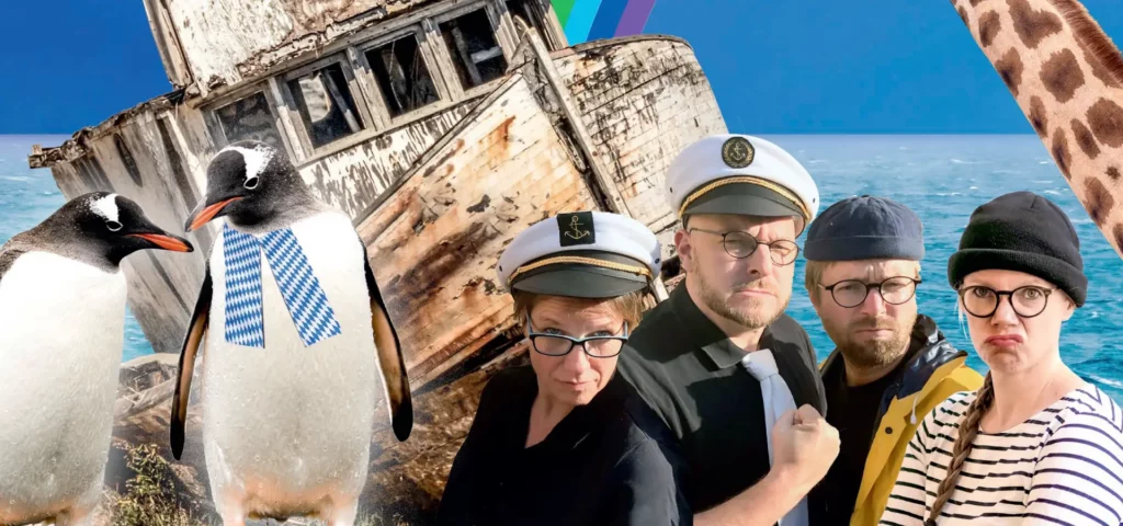 Menschen und Pinguine mit maritimem Hintergrund und einem Schiff