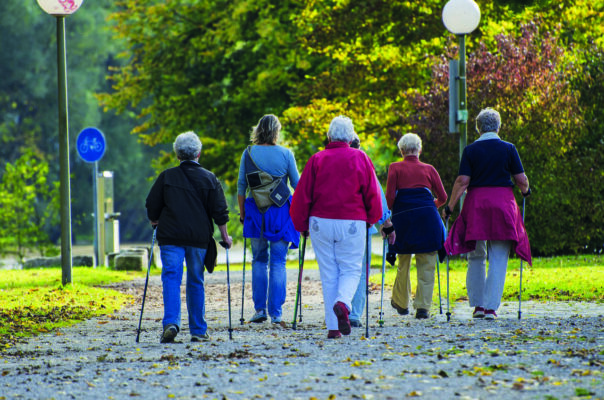 Fünf Frauen laufen mit Stöcken